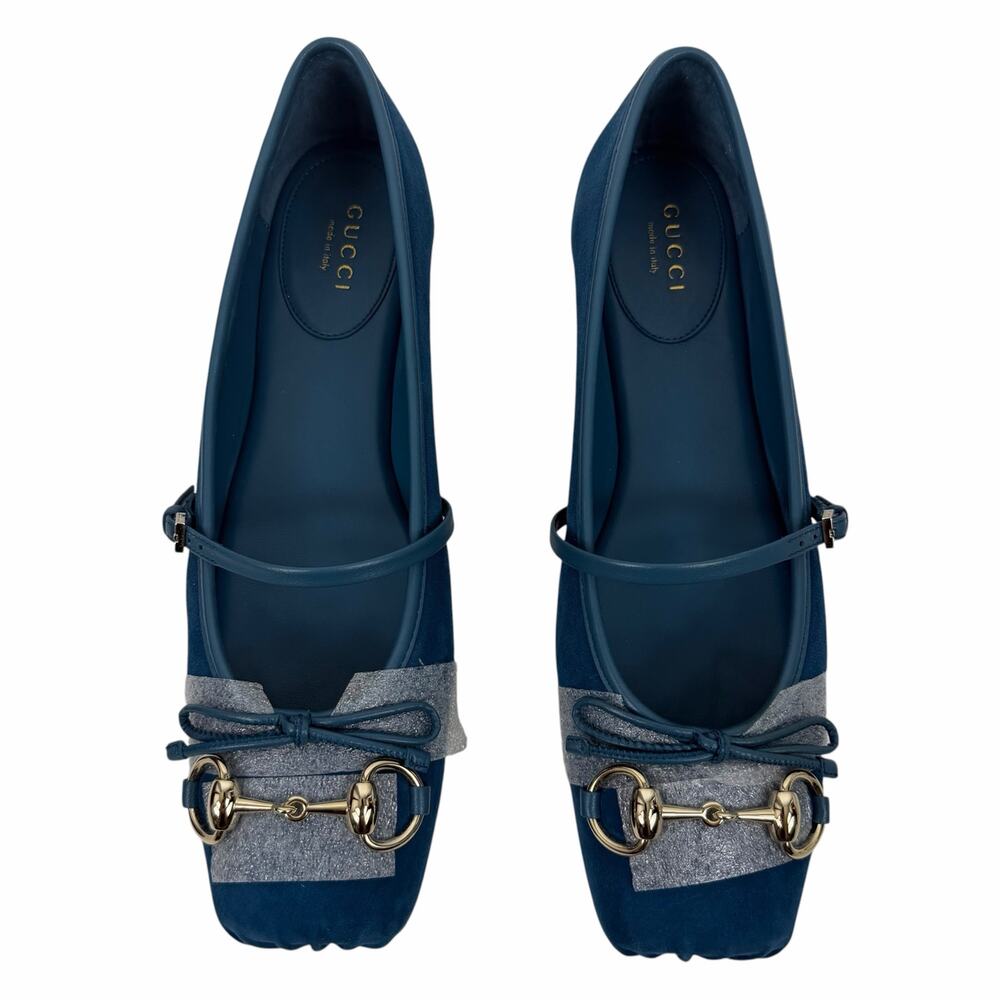 Gucci Kid Scamosciato Horsebit Mary Jane Flats Deep Acqua Size 38 - Picture 4 of 15